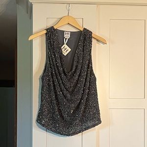 NWT Haute Hippie beaded embellished cowl tank, size S, black pewter color beads